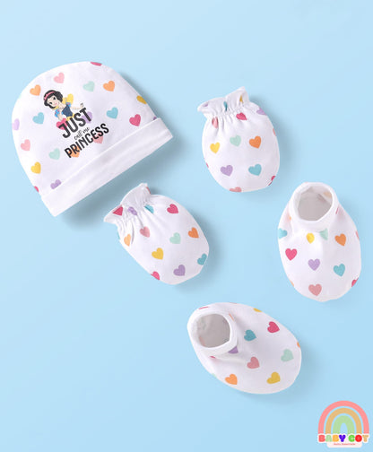 Interlock Knit Caps Mittens & Booties Set with Snow White Graphic - White