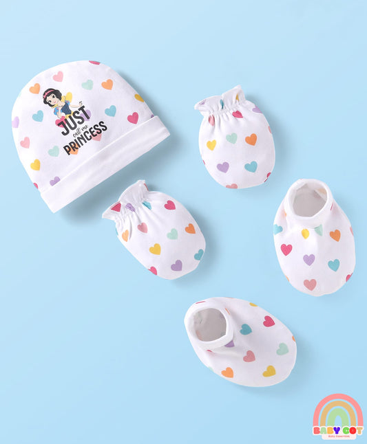 Interlock Knit Caps Mittens & Booties Set with Snow White Graphic - White