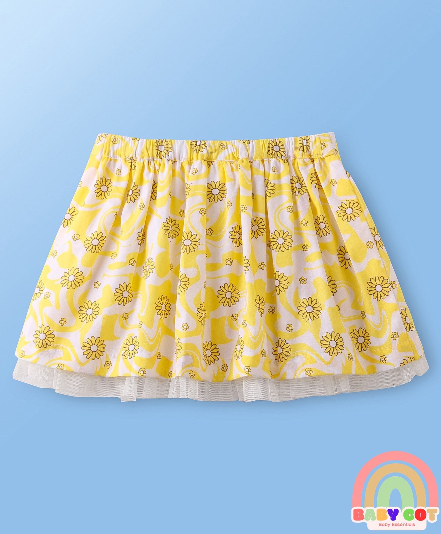 Cotton Knee Length Skirt Floral Print - Yellow