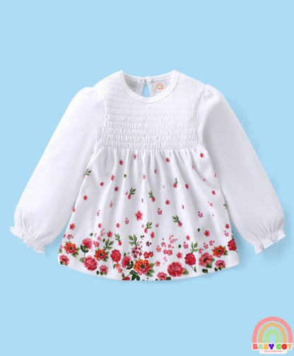 100% Cotton With Eco Jiva Finish Knit Full Sleeves Floral Printed Top & Leggings Set With - Red & White