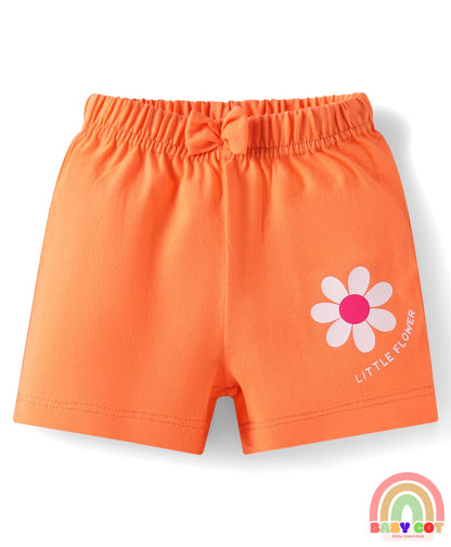 Cotton Knit Mid Thigh Polka Dots & Floral Printed Shorts with Bow Applique Pack of 3 - Navy Blue Pink & Orange