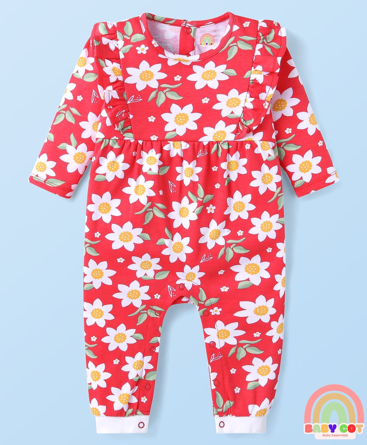 100% Cotton Knit Full Sleeves Floral Printed Romper with Hairband & Frill Detailing - Red
