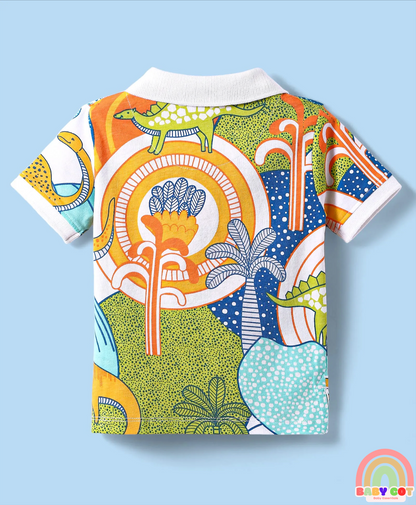 Cotton Knit Half Sleeves Polo T-Shirt with Dino Print - White