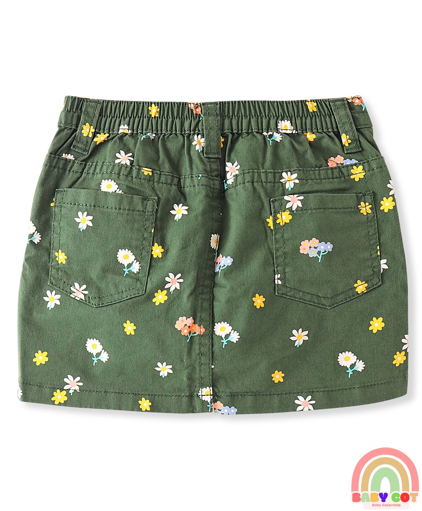 Cotton Lycra Woven Mid Thigh Floral Printed Stretchable Skirt - Olive Green