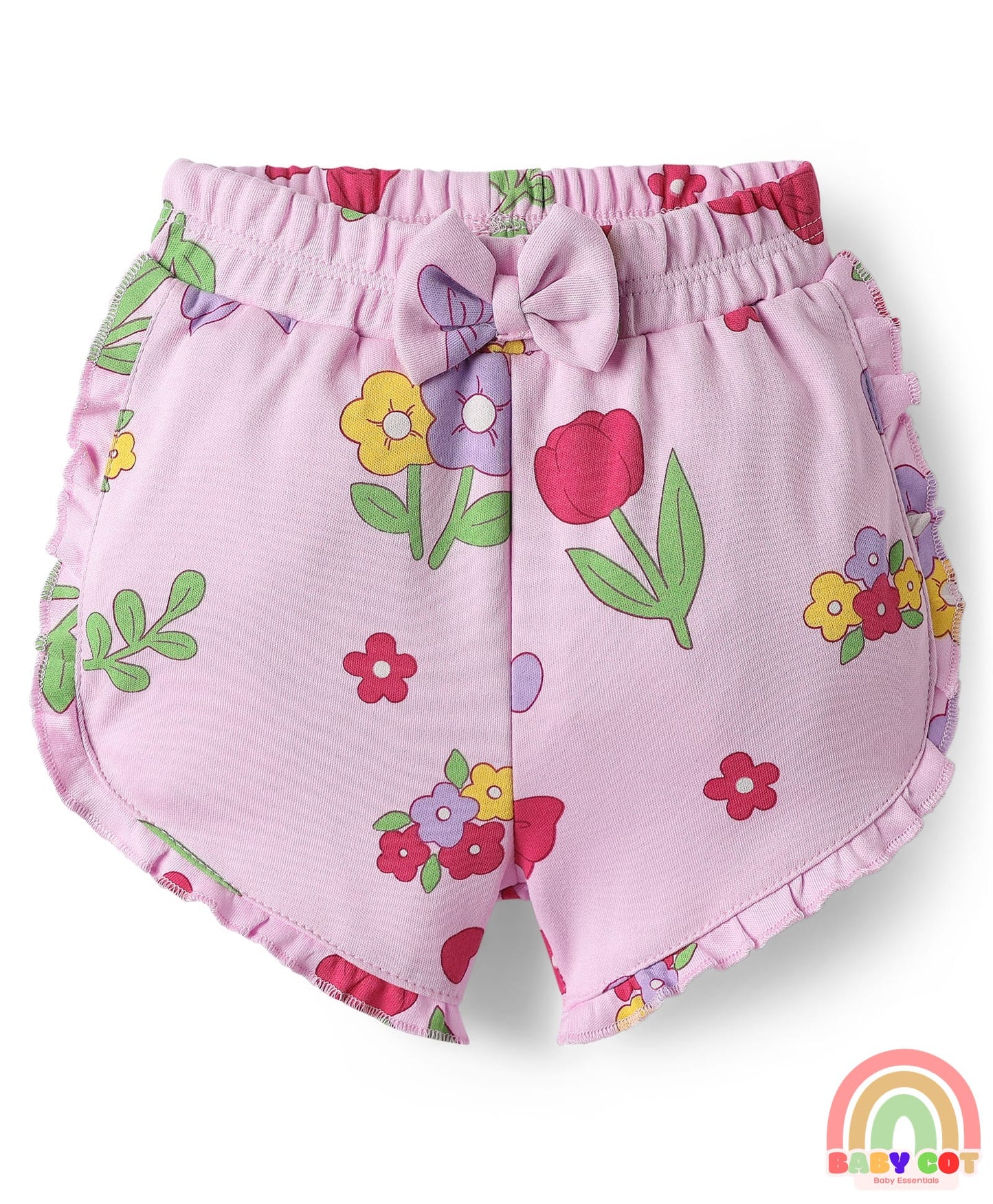 100% Cotton Interlock Knit Shorts with Eco Jiva Finish Floral Print & Bow Applique Pack of 3 - Dark Pink Yellow & Lavender
