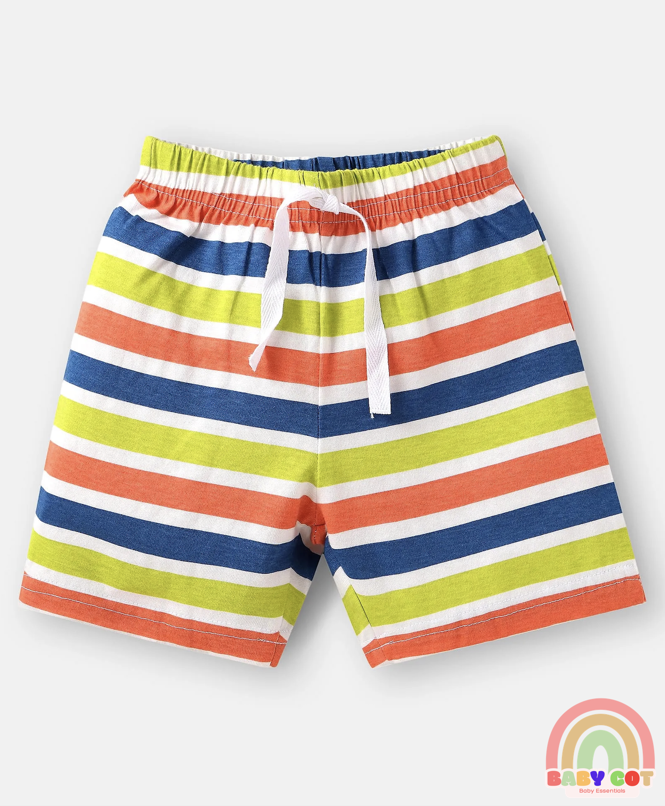 Cotton Knit Mid Thigh Length Shorts with Tropical Theme Print & Stripes Pack of 3 - Red Blue & Light Green