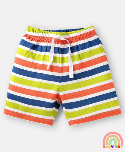 Cotton Knit Mid Thigh Length Shorts with Tropical Theme Print & Stripes Pack of 3 - Red Blue & Light Green