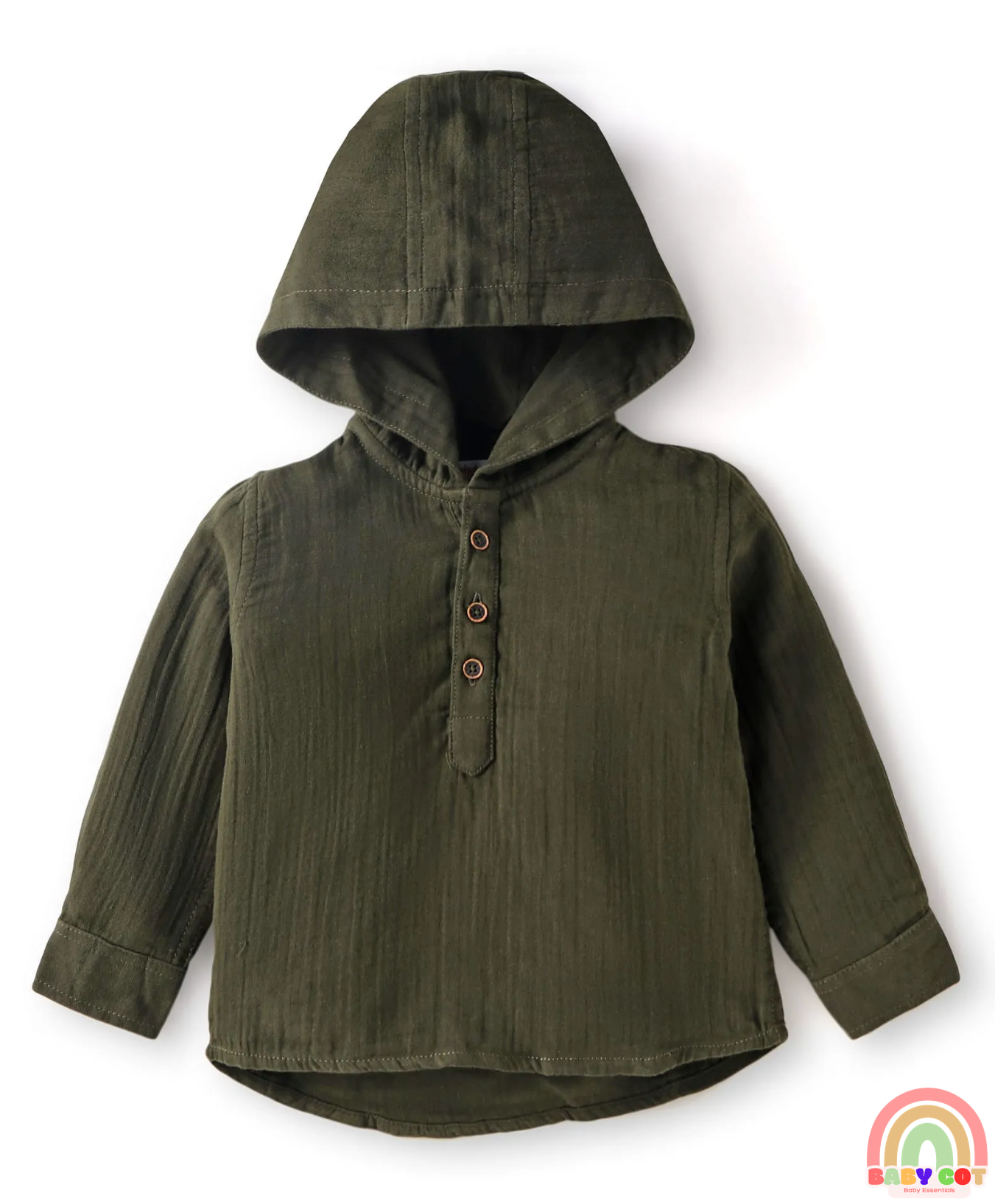 Cotton Woven Full Sleeves Hooded Shirt - Olive Green