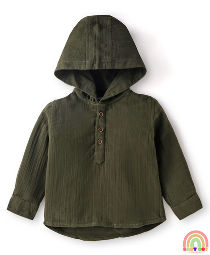 Cotton Woven Full Sleeves Hooded Shirt - Olive Green