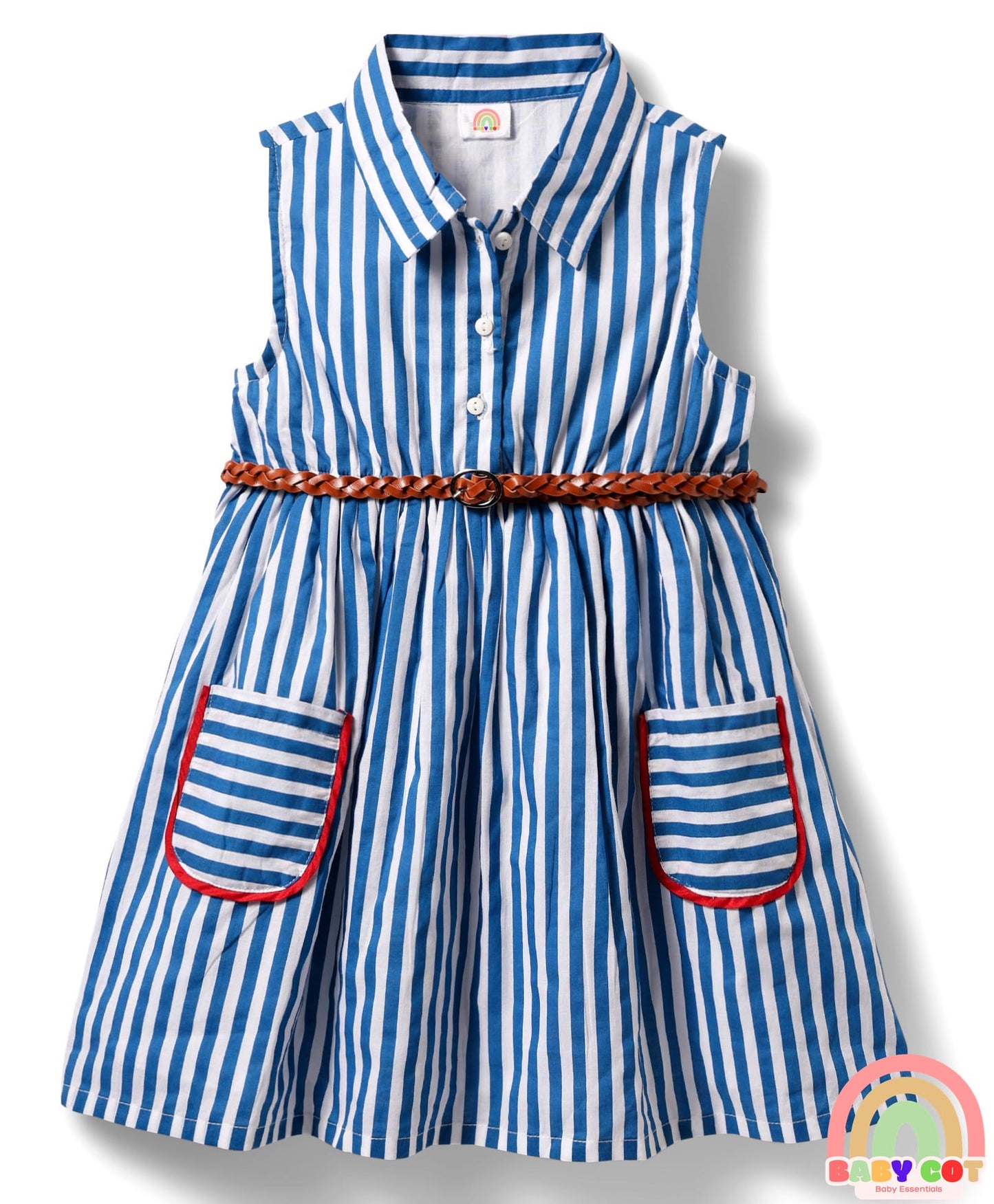 Single Jersey Knit Collar Neck Sleeveless Striped Frock With Bloomers & Belt - Blue