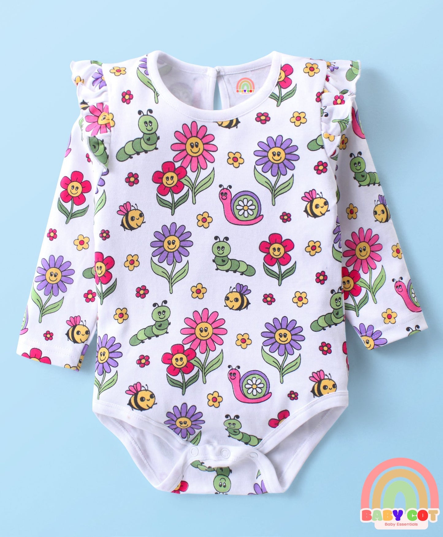 100% Cotton Full Sleeves Onesies with Frill Detailing Floral & Text Print Pack of 3 - Multicolour