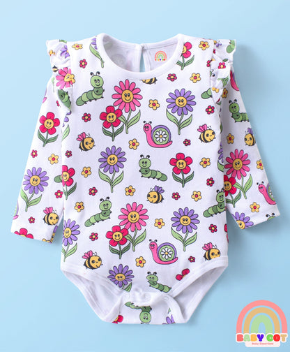 100% Cotton Full Sleeves Onesies with Frill Detailing Floral & Text Print Pack of 3 - Multicolour