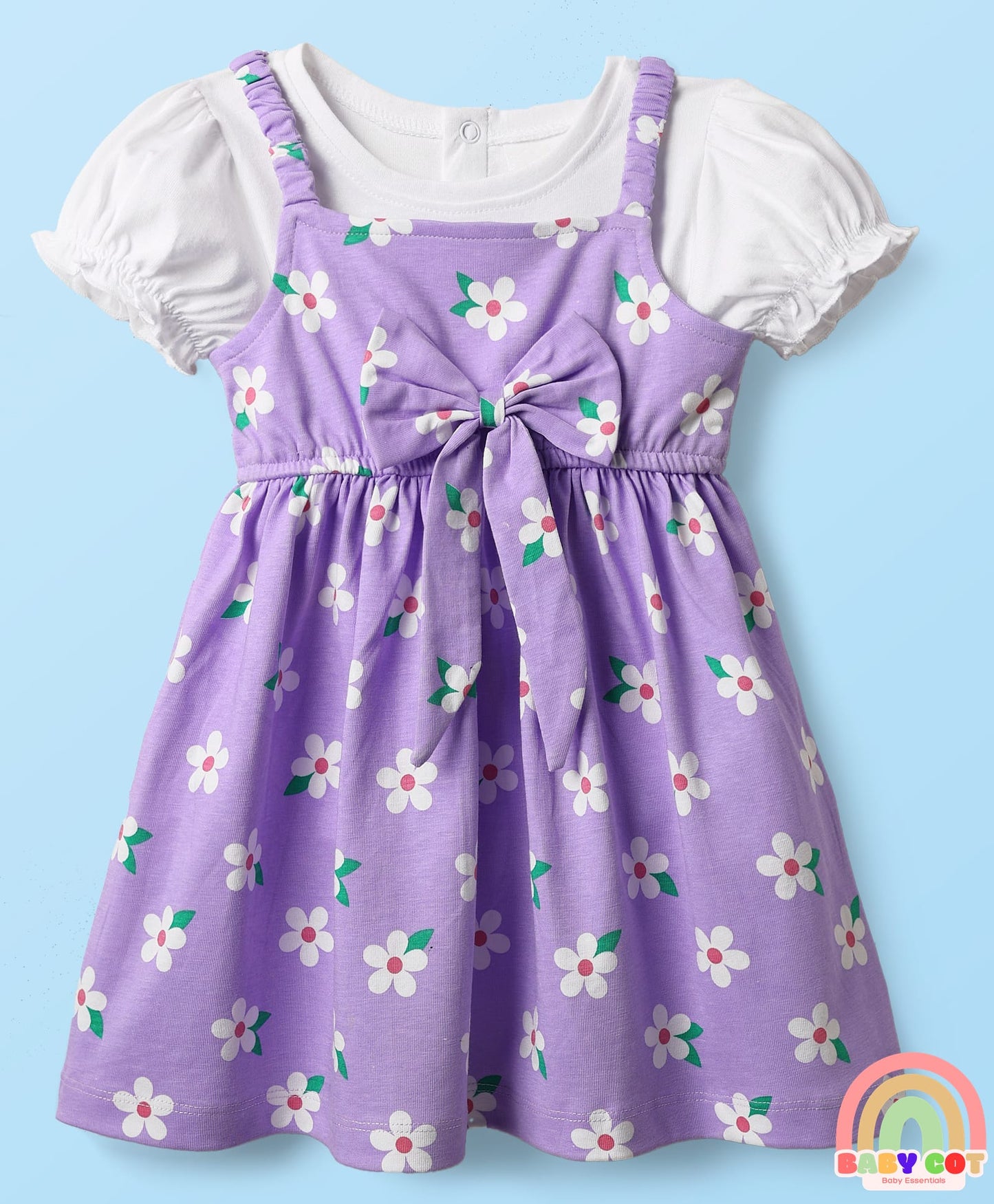 Cotton Knit Half Sleeves T-Shirt & Frock With Floral Print & Bow Applique - Purple