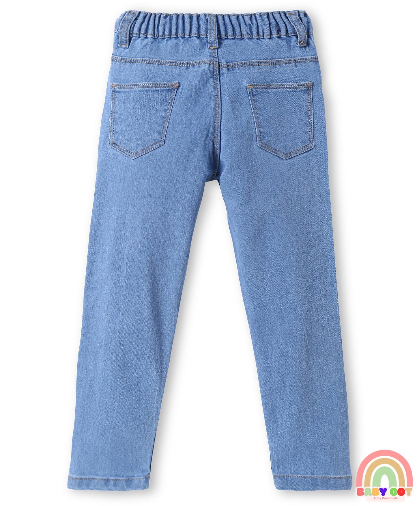 Woven Full Length Washed Denim Jeans With Stretch & Floral Embroidery - Blue