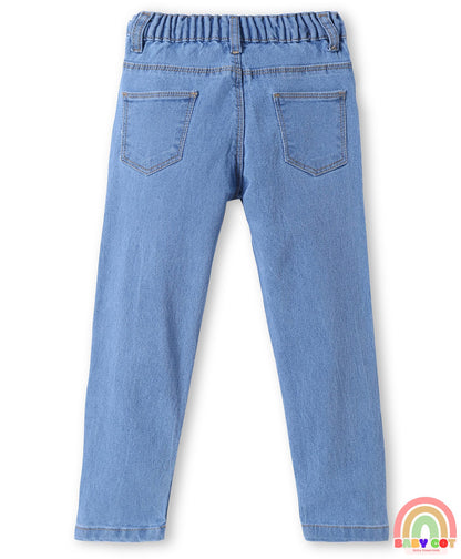 Woven Full Length Washed Denim Jeans With Stretch & Floral Embroidery - Blue