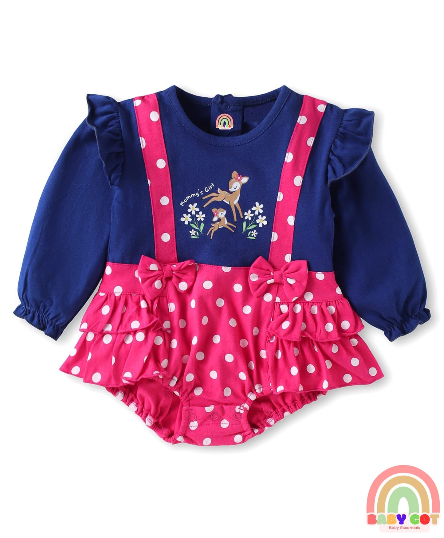 Interlock Knit Full Sleeves Onesie With Deer & Polka Dot Print & Headband - Navy Blue & Dark Pink