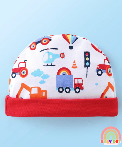 100% Cotton Cap Mittens & Booties Set Truck Print - Red & White