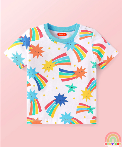 Cotton Knit Half Sleeves T-Shirts with Stripes & Star Print Pack of 5 - Blue Red & Yellow