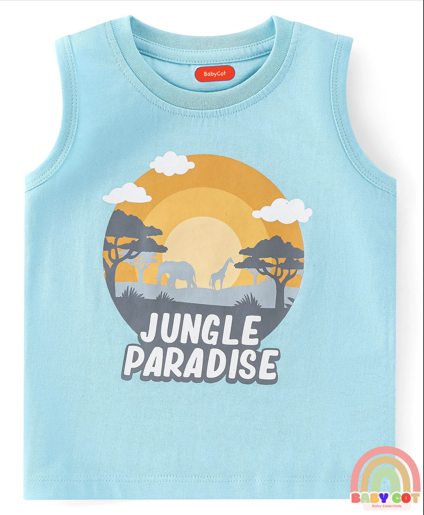 100% Cotton Knit Sleeveless T-Shirt With Striped & Jungle Theme Graphics Pack Of 3 - Orange Green & Blue