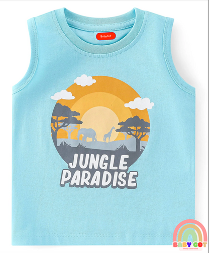 100% Cotton Knit Sleeveless T-Shirt With Striped & Jungle Theme Graphics Pack Of 3 - Orange Green & Blue