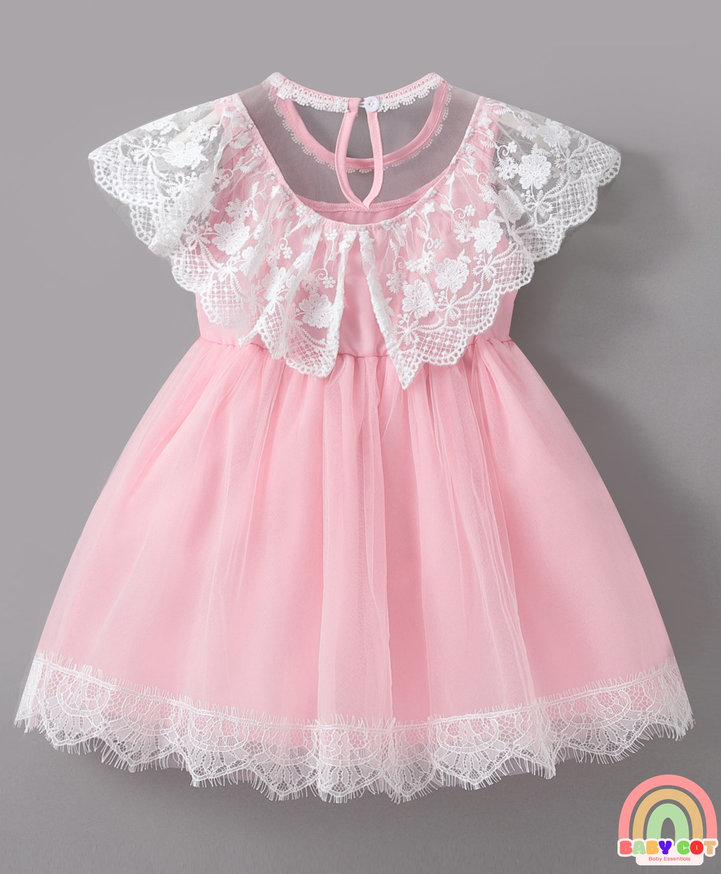 Sleeveless Mesh Frock with Floral Corsage - Pink