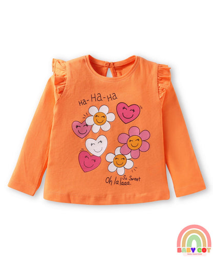 Cotton Knit Full Sleeves T-Shirts With Heart & Floral Print Pack of 3 - Orange Dark Pink & Light Pink
