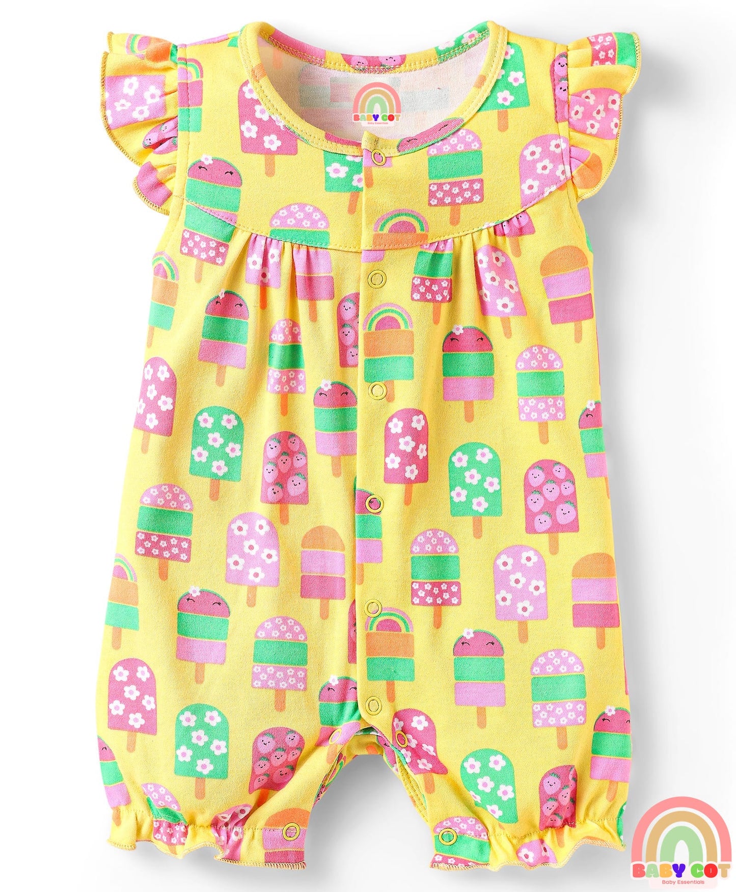 Interlock Knit Frill Sleeves Romper With Floral & Tropical Print Pack of 2 - Pink & Yellow