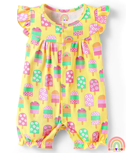 Interlock Knit Frill Sleeves Romper With Floral & Tropical Print Pack of 2 - Pink & Yellow