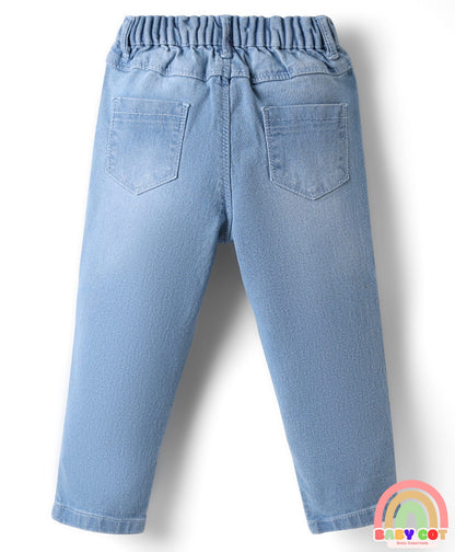 Full Length Washed Denim Jeans with Stretch & Star Embroidery - Light Blue