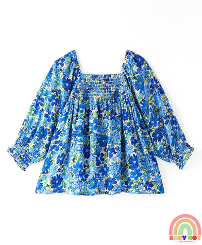 Rayon Woven Full Sleeves Top With Smocking & Floral Print - Blue