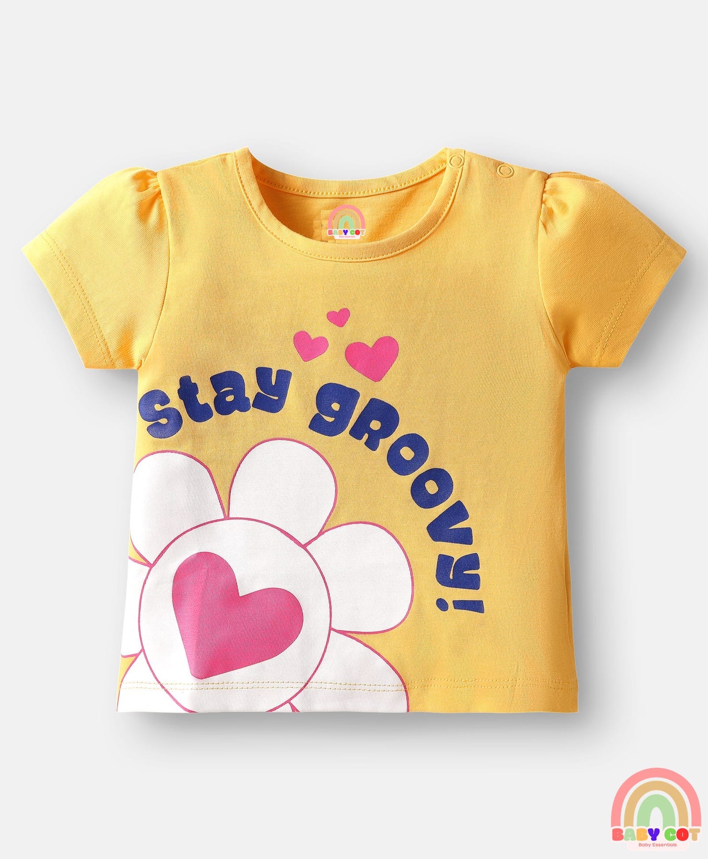 100% Cotton Knit Half Sleeve Heart Printed T-Shirt & Shorts Set - Navy Blue & Yellow