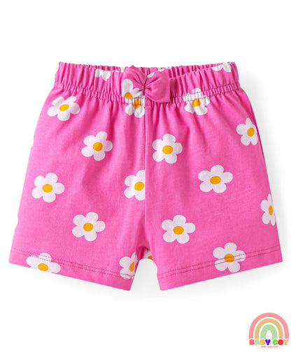 Cotton Knit Mid Thigh Strawberry & Floral Printed Shorts with Bow Applique Pack of 3 - Pink & Yellow