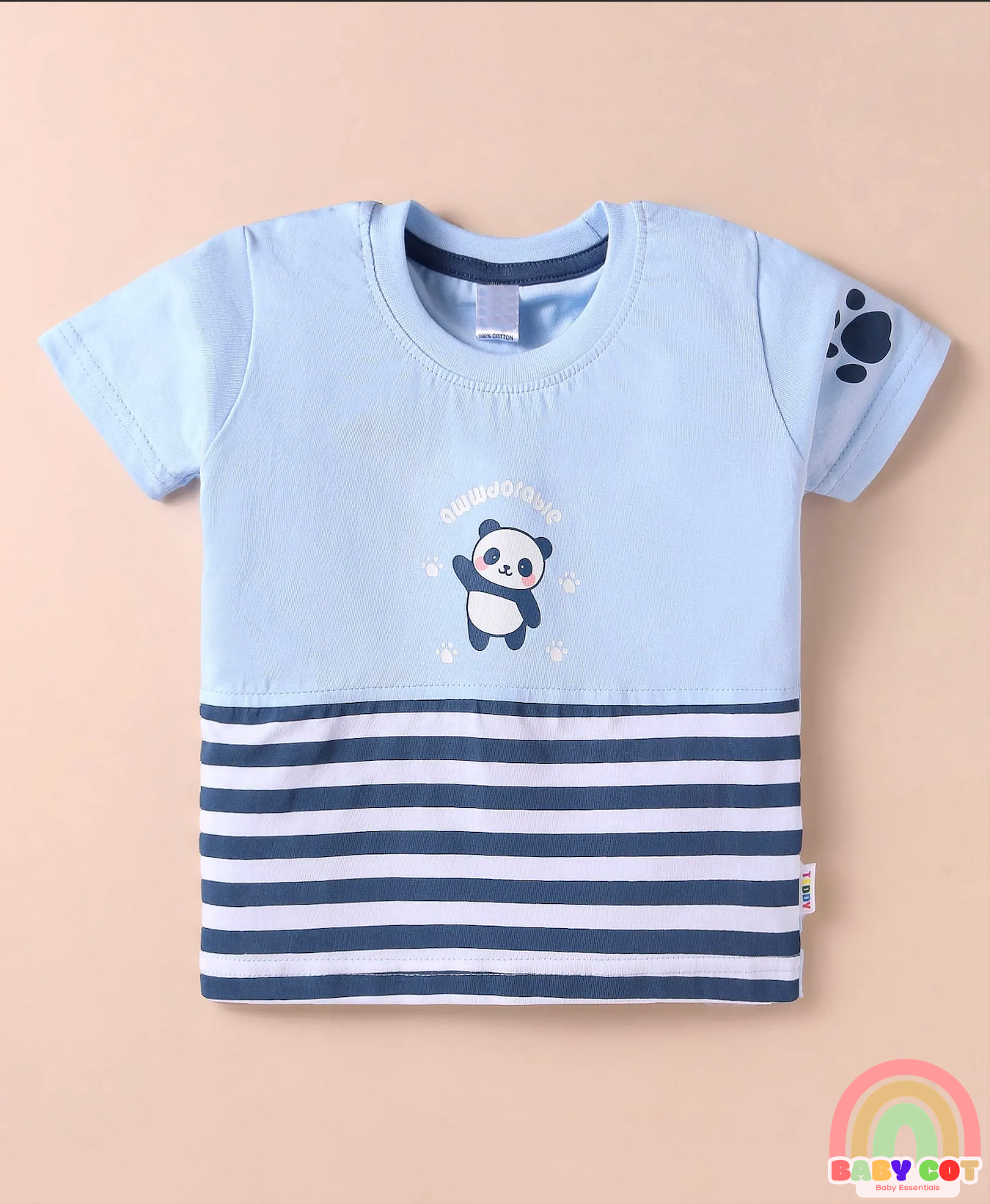 Sinker Knit Half Sleeves T-Shirt & Shorts Set With Panda Print - Light Blue