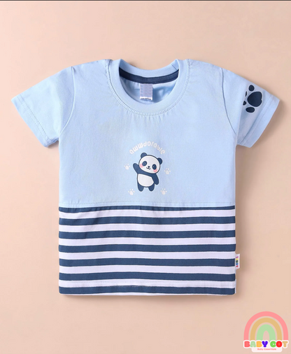 Sinker Knit Half Sleeves T-Shirt & Shorts Set With Panda Print - Light Blue