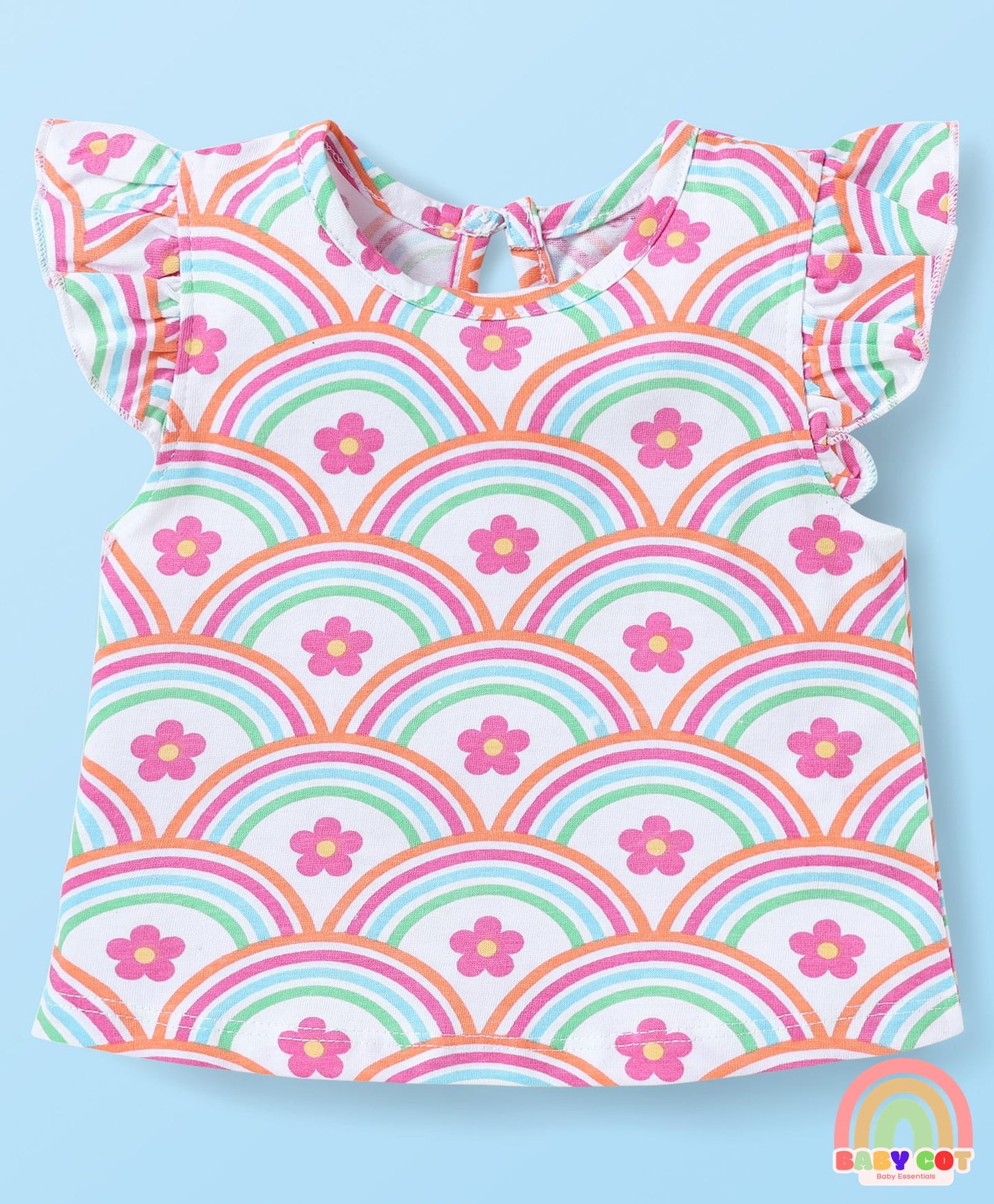 Cotton Knit Frill Sleeves T-Shirts With Floral & Heart Print Pack Of 3 - Orange & Dark Pink