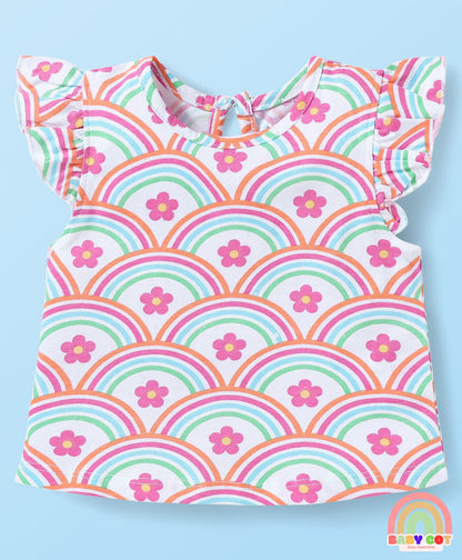 Cotton Knit Frill Sleeves T-Shirts With Floral & Heart Print Pack Of 3 - Orange & Dark Pink
