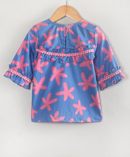 Woven Cotton Three Fourth Sleeves Starfish Printed Lace Embellished Top - Blue