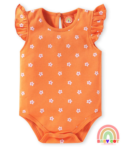 100% Cotton Knit Frill Sleeves Floral & Animal Printed Onesies Pack of 3 - Dark Pink Navy & Orange