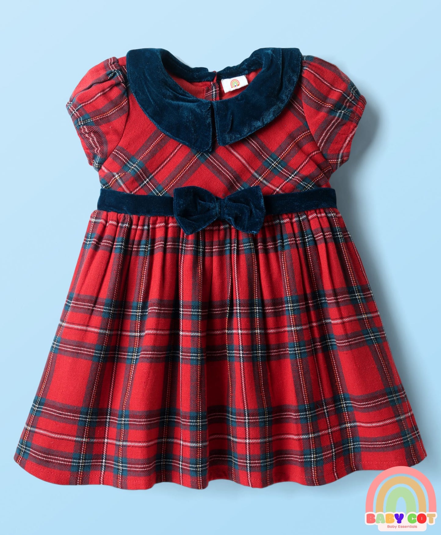 Cotton Woven Collar Neck Half Sleeves Checkered Frock With Sling Bag - Red