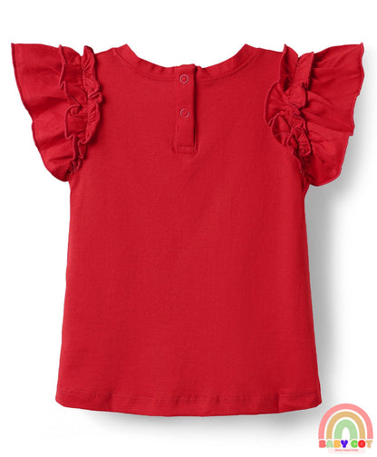 100% Cotton Knit Frill Sleeves Top with Rhinestone Detailing - Red