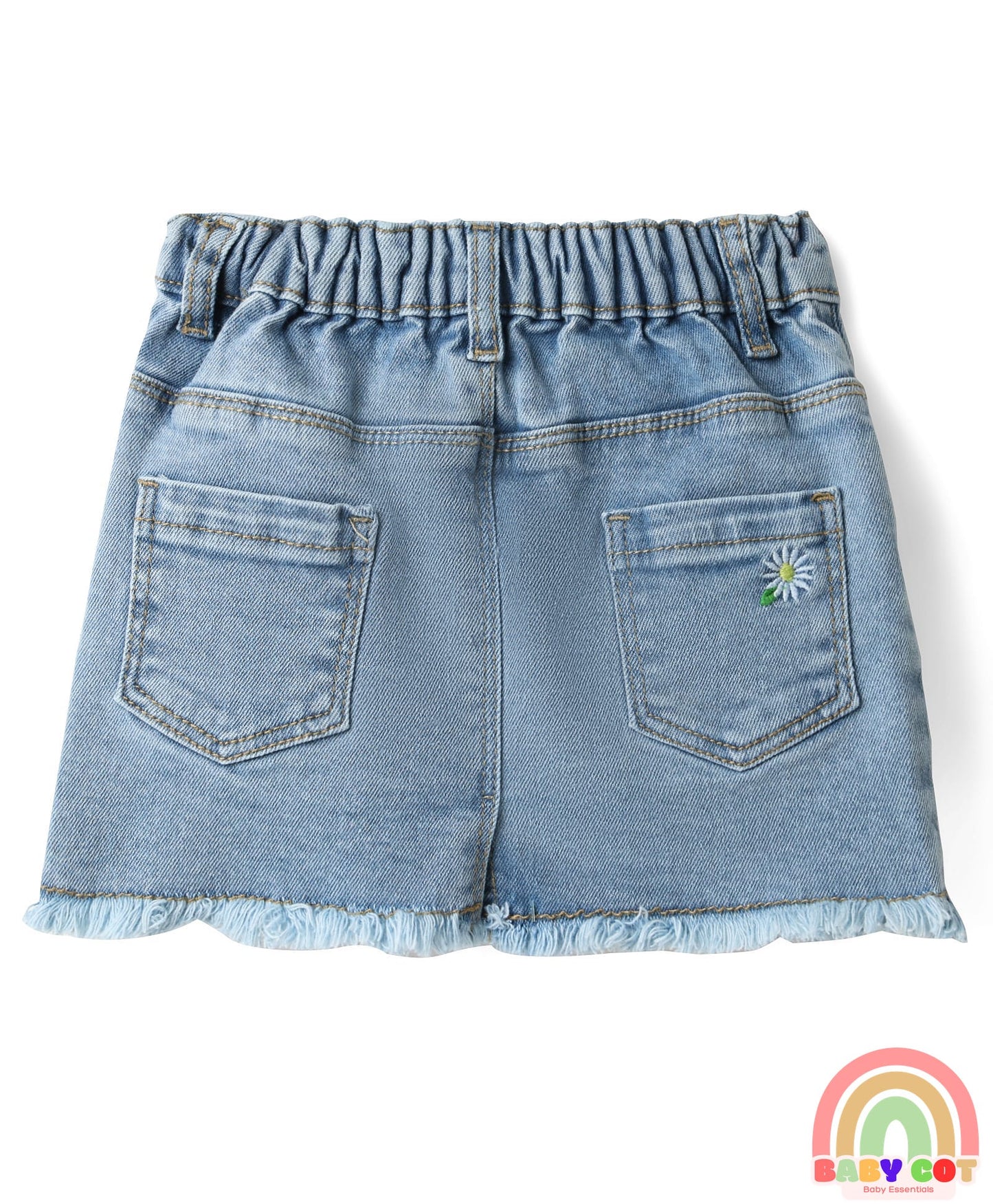 Denim Mid Thigh Washed Skirts With Floral & Bee Embroidery - Light Blue