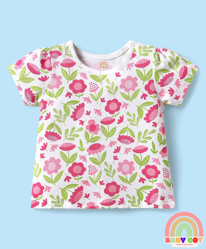 100% Cotton Knit Half Sleeves Floral Printed T-Shirt & Lounge Pant Set - White & Dark Pink