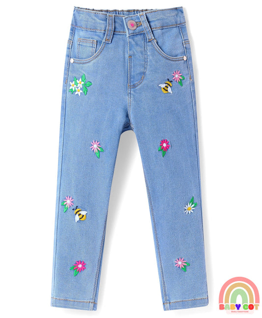 Full Length Washed Denim Jeans With Floral & Honey Bee Embroidery & Stretch - Blue