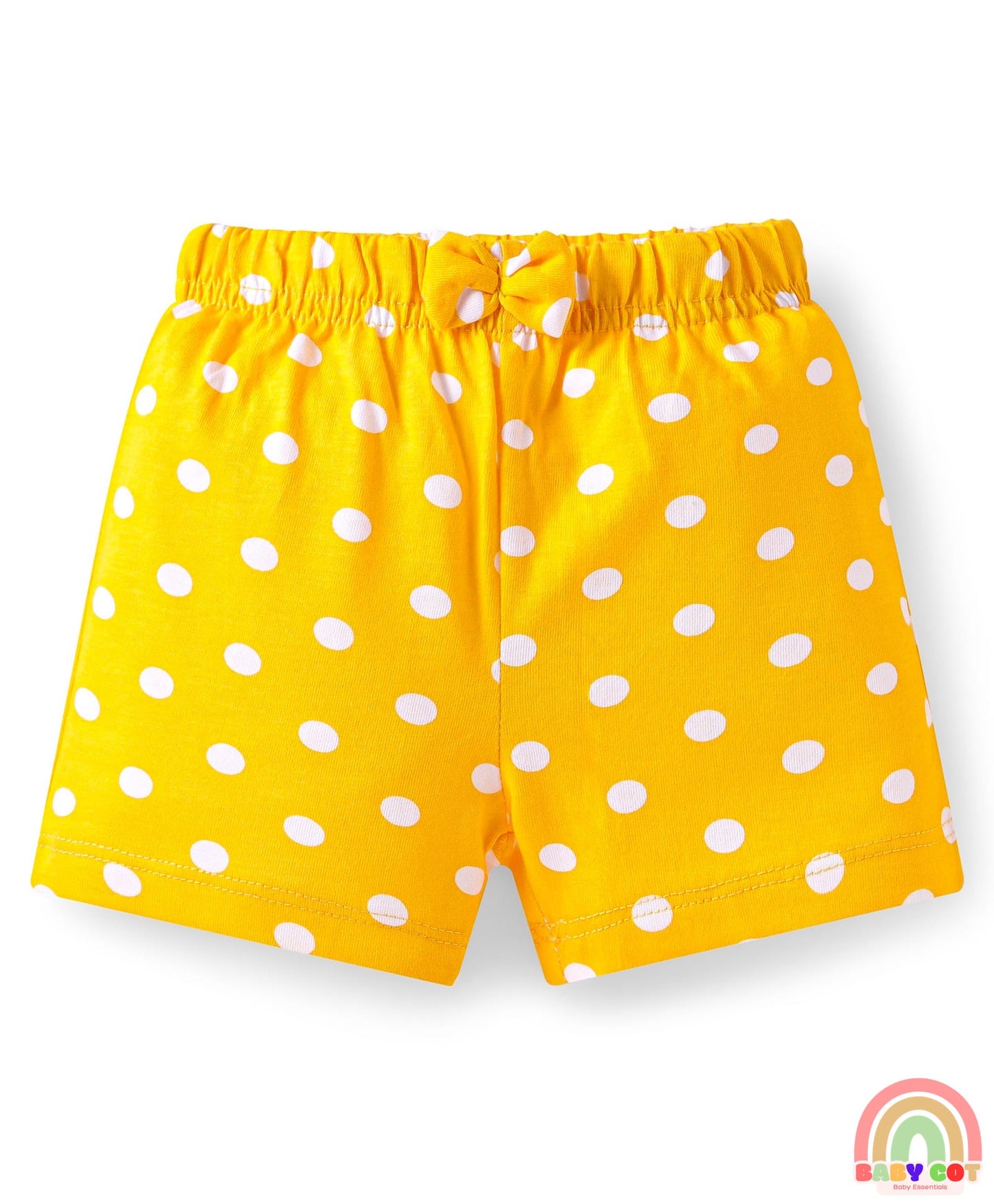 Cotton Single Jersey Knit Mid Thigh Polka Dots & Tropical Theme Printed Shorts with Bow Applique Pack of 3 - Pink Yellow & Blue