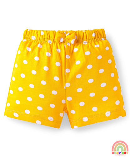 Cotton Single Jersey Knit Mid Thigh Polka Dots & Tropical Theme Printed Shorts with Bow Applique Pack of 3 - Pink Yellow & Blue