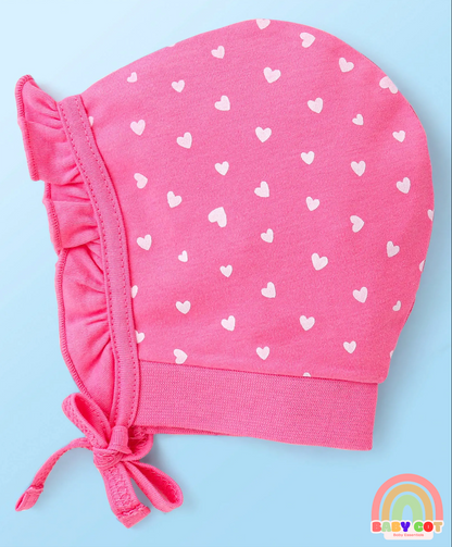 100% Cotton Interlock Knit Caps With Hearts & Floral Print Pack of 2 - Pink & White