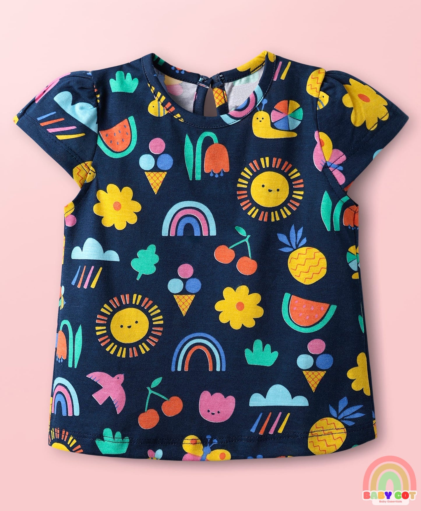 100% Cotton Knit Half Sleeves T-Shirts with Rainbow & Polka Dots Print Pack of 3 - Yellow Navy Blue & White