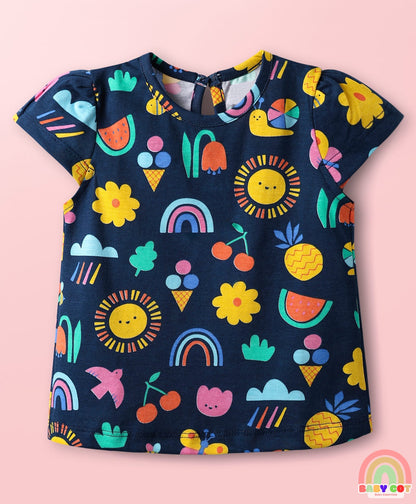 100% Cotton Knit Half Sleeves T-Shirts with Rainbow & Polka Dots Print Pack of 3 - Yellow Navy Blue & White