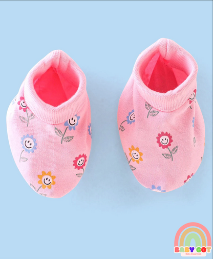 100% Cotton Knit Cap Mittens & Booties Set with Floral Print - Pink