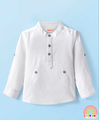 Cotton Woven Full Sleeves Mandarin Collar Solid Shirt with Kangaroo Pocket - White